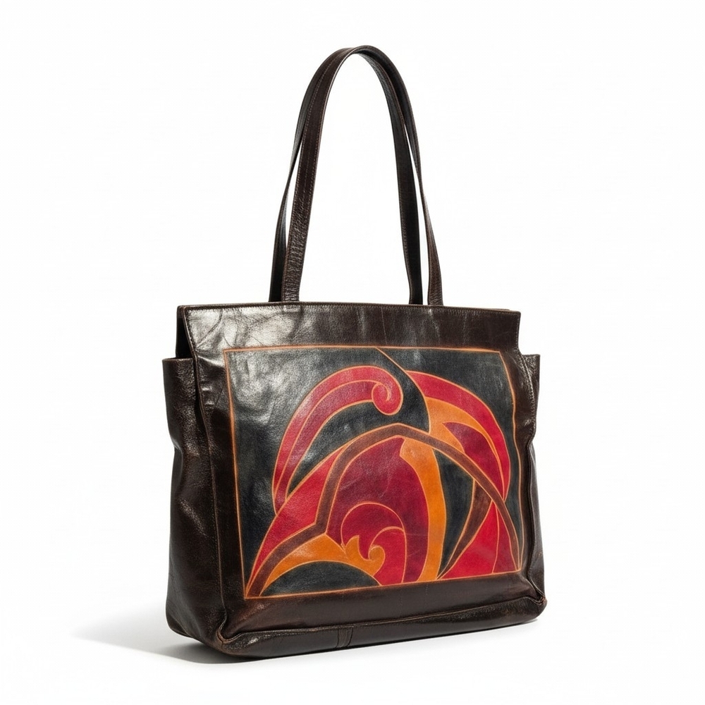 UniqueVintage Kane M Thin Goatskin Hand Painted Leather Boho Tote Rare Art Print